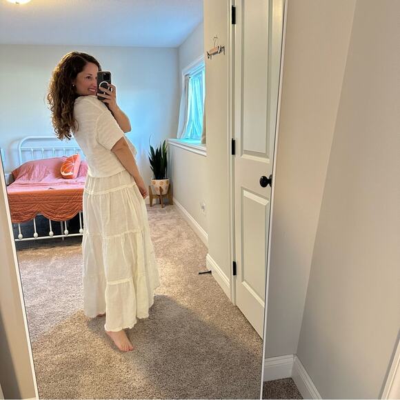 Vintage CP SHADES Cream White Metallic Linen Tiered Maxi Skirt XL - Picture 2 of 12